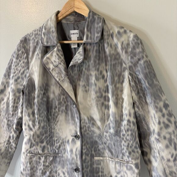 Chico’s Animal Print Blazer Gray Ivory 3-Button Jacket Lined Sz 2 Large - Picture 2 of 7